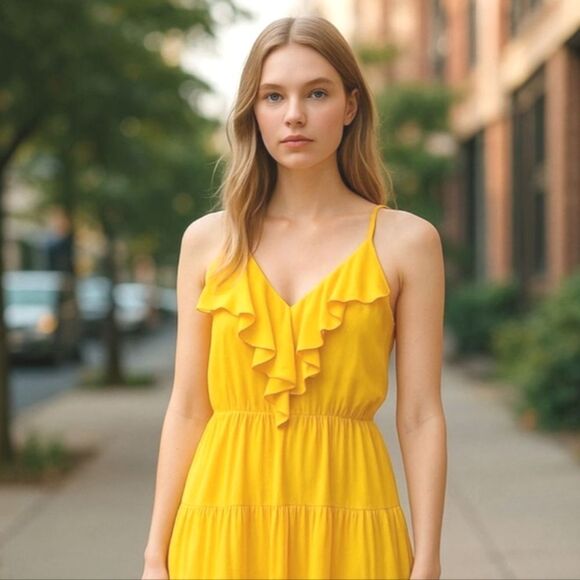 Boston Proper Yellow Tiered Ruffle Maxi Dress Size Small - Picture 1 of 16